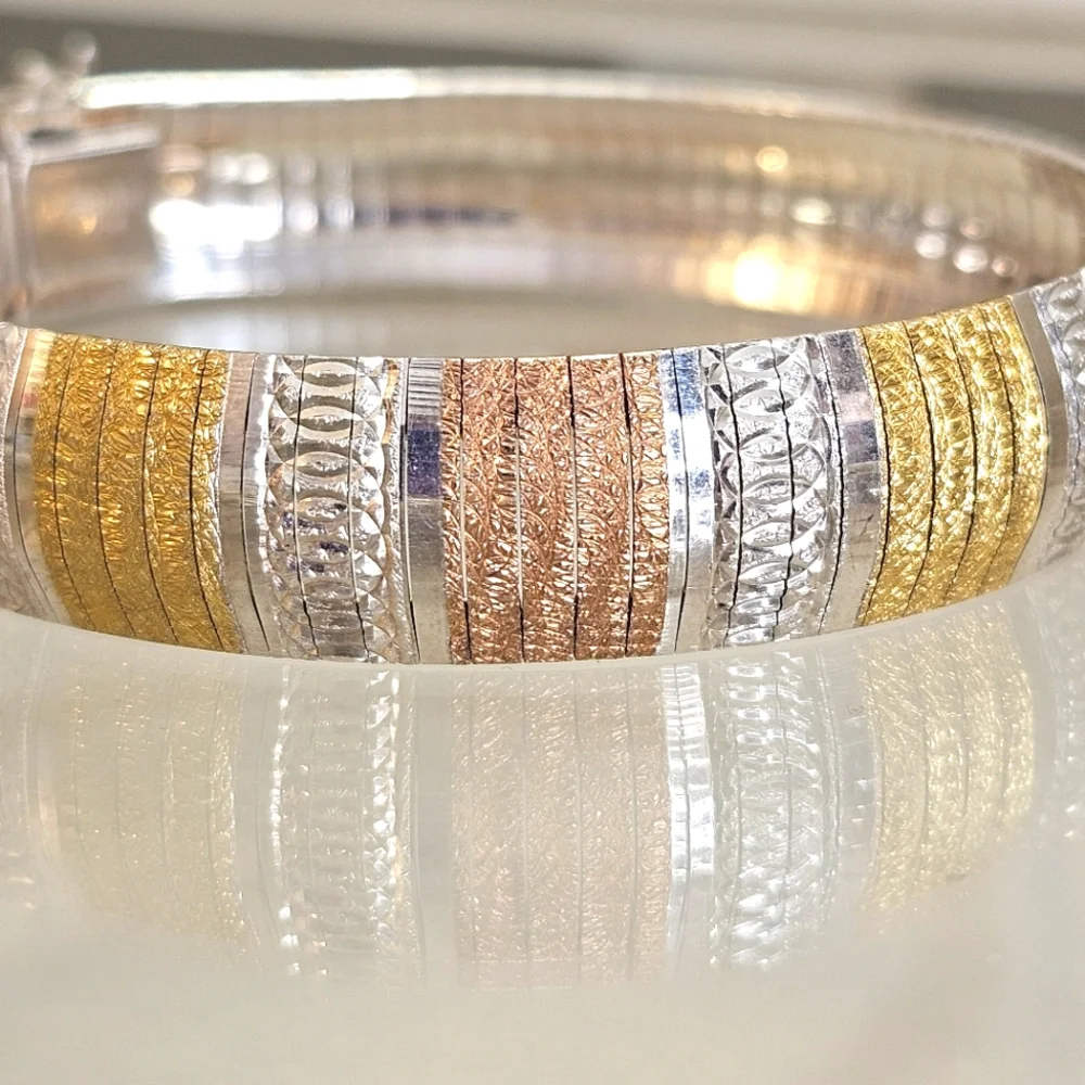 JCM Gold Over Sterling Silver Bracelet 3 Color Vermeil Omega Flex Bangle Italy